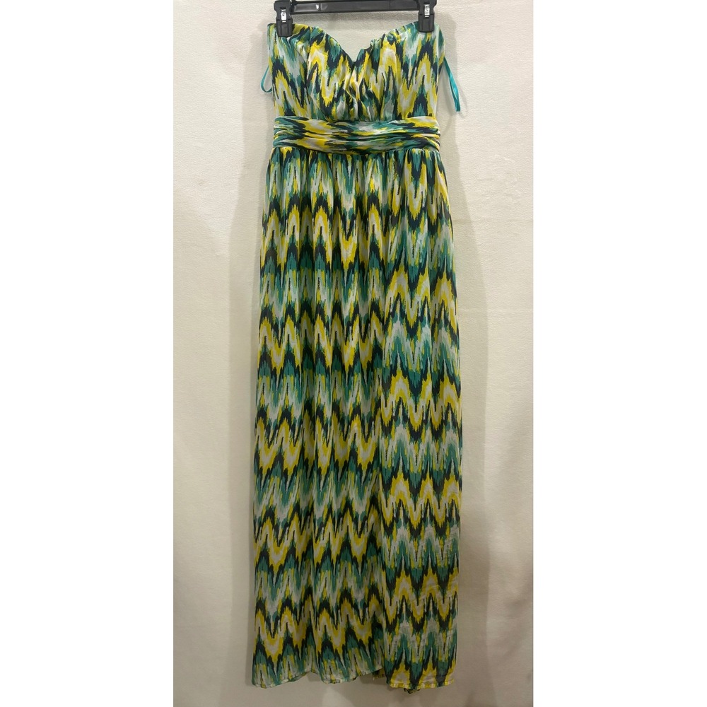 Harper Strapless Maxi Dress Teal Green Yellow Ikat Chevron Sweetheart Size M